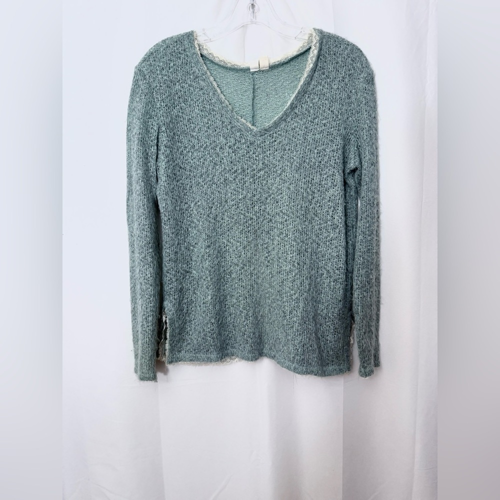 Others Follow Fuzzy Knit V-Neck Sweater With Lace Trim And Back Cut Out Size XS - Picture 3 of 10
